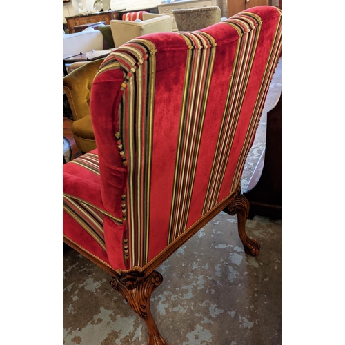 184 - ARMCHAIR, 76cm W x 98cm H, Georgian style with striped velvet fabric and carved showframe.