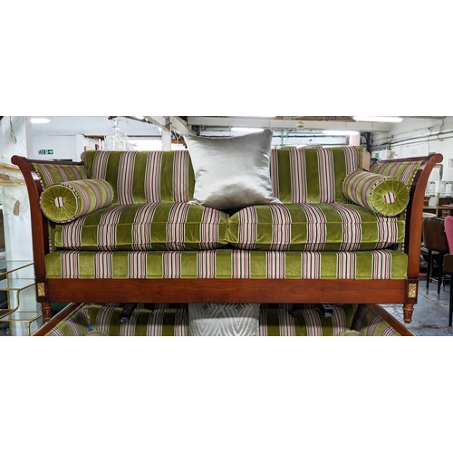 185 - SOFA, 83cm D x 204cm W x 88cm H cherrywood and gilt showframe and striped velvet fabric.