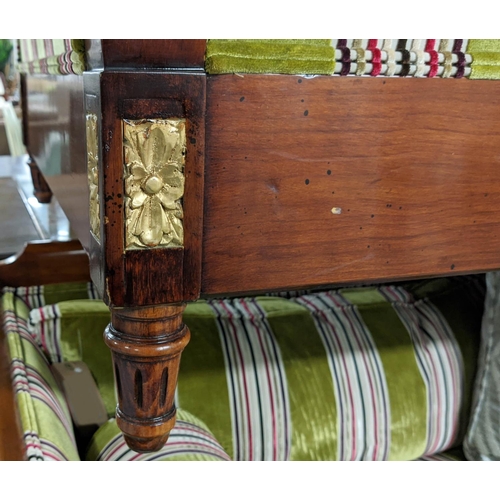 185 - SOFA, 83cm D x 204cm W x 88cm H cherrywood and gilt showframe and striped velvet fabric.