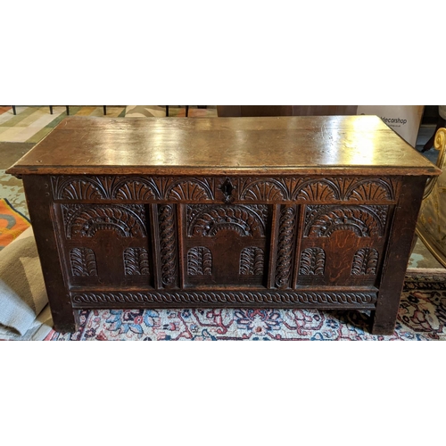 195 - COFFER, 50cm x 116cm x 60cm H, Charles II oak with a triple panelled carved front.