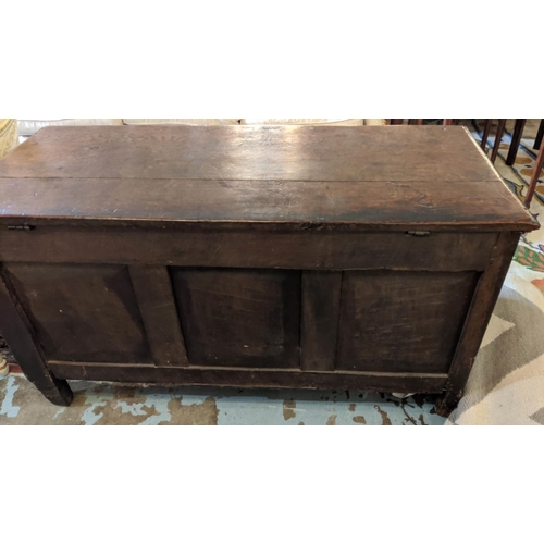 195 - COFFER, 50cm x 116cm x 60cm H, Charles II oak with a triple panelled carved front.