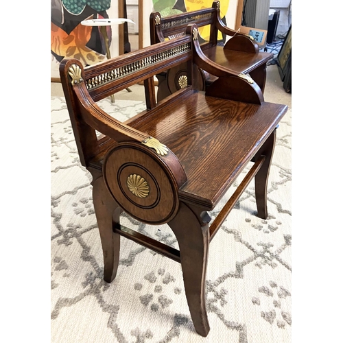 241 - HALL BENCHES, two by James Shoolbred, circa 1890, oak with brass fittings, 54cm W x 63cm H x 33cm D.... 