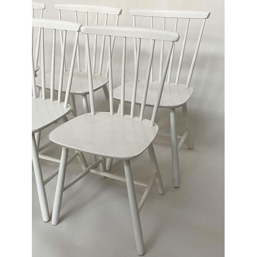 309 - FARSTRUP DINING CHAIRS, a set of six Danish made, white painted with arched stick backs,  41cm W. (6... 