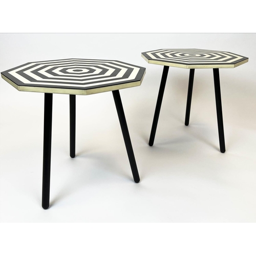 316 - LAMP TABLES, a pair, 1970s Italian design, octagonal inlaid tops on tripod metal legs, 47cm H x 47cm... 