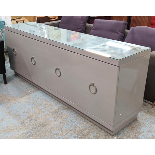 413 - SIDEBOARD, 215cm x 49.5cm x 82cm, lacquered with four doors.