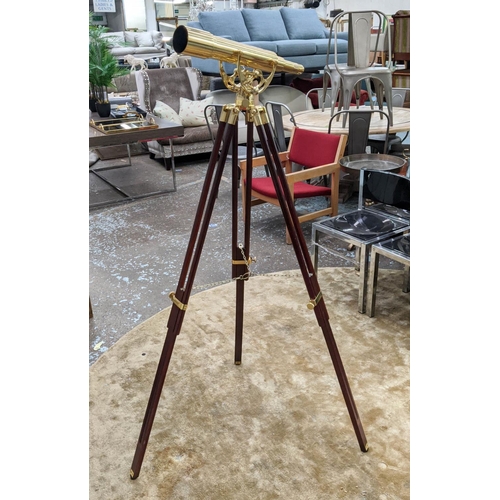 414 - ATTRIBUTED TO HELIOS OPTICS TELESCOPE, brass on wooden tripod base, 170cm at tallest.