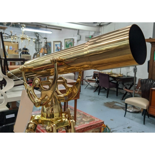 414 - ATTRIBUTED TO HELIOS OPTICS TELESCOPE, brass on wooden tripod base, 170cm at tallest.