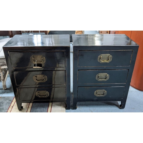 415 - CHINESE SIDE CHESTS, a pair, each ebonised with three drawers, 70cm H x 54cm x 34cm. (2)