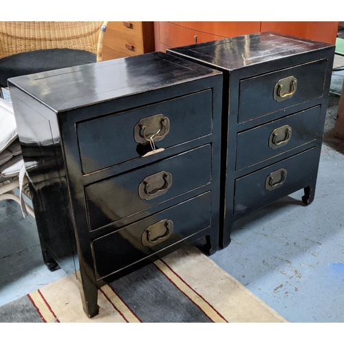 415 - CHINESE SIDE CHESTS, a pair, each ebonised with three drawers, 70cm H x 54cm x 34cm. (2)