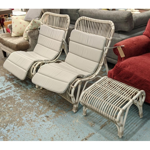 416 - VINCENT SHEPARD LUCY LOUNGE CHAIRS, a pair, 89cm H x 73cm, and stool. (3)