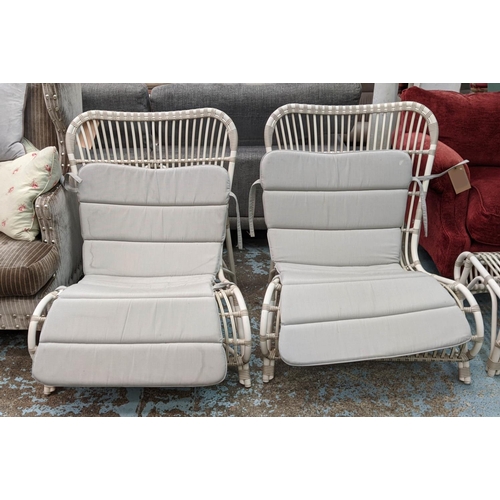 416 - VINCENT SHEPARD LUCY LOUNGE CHAIRS, a pair, 89cm H x 73cm, and stool. (3)