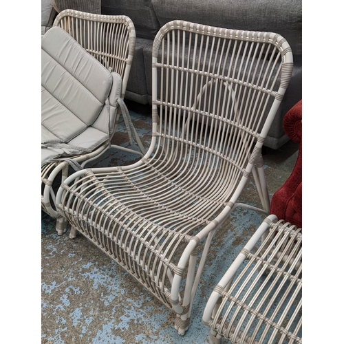 416 - VINCENT SHEPARD LUCY LOUNGE CHAIRS, a pair, 89cm H x 73cm, and stool. (3)