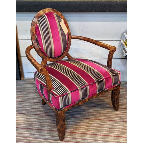 420 - OPEN ARMCHAIR, 70cm W x 96cm H, in striped pink velvet fabric.