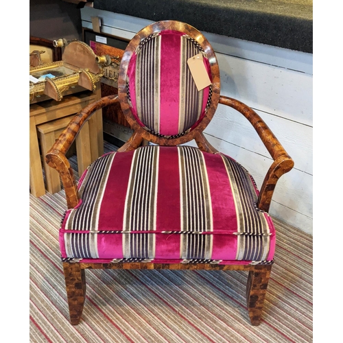 420 - OPEN ARMCHAIR, 70cm W x 96cm H, in striped pink velvet fabric.