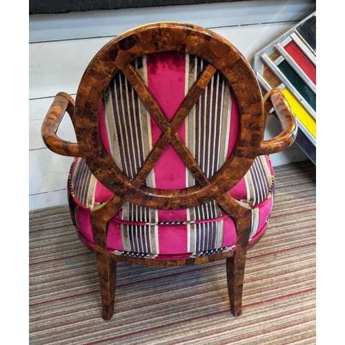 420 - OPEN ARMCHAIR, 70cm W x 96cm H, in striped pink velvet fabric.