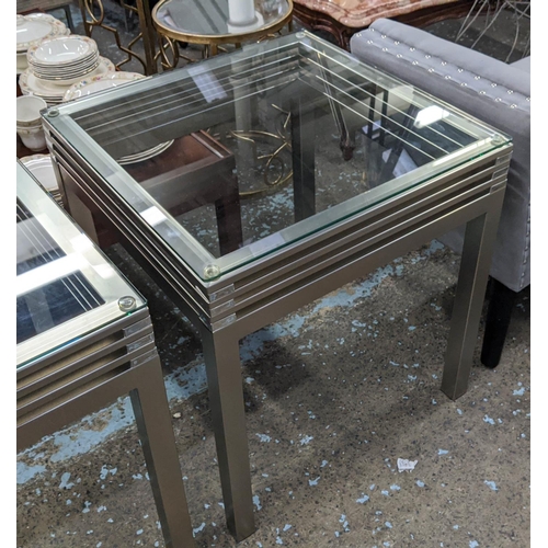 423 - SIDE TABLES, a pair, 56cm x 56cm x 61cm, Bauhaus style, polished metal and glass. (2)