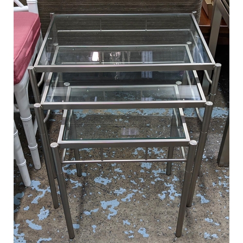 424 - NESTING TABLES, a set of three, metal and glass, 59cm x 45cm x 50cm. (3)