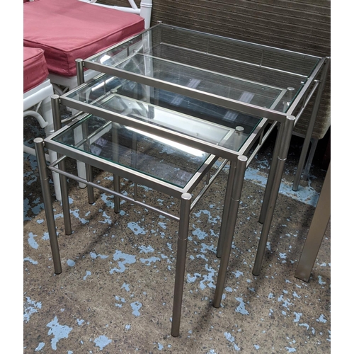 424 - NESTING TABLES, a set of three, metal and glass, 59cm x 45cm x 50cm. (3)