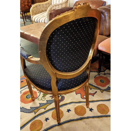 425 - FAUTEUIL, gilt 62cm W x 100cm H with black patterned upholstery.