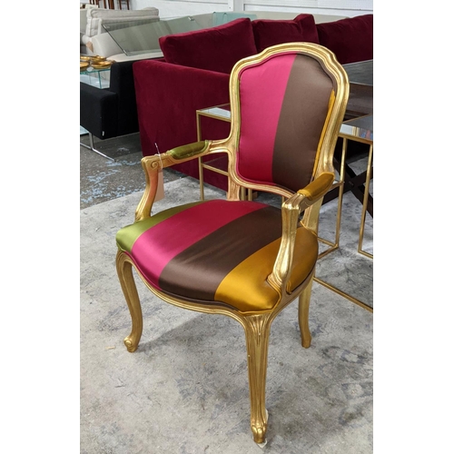 428 - FAUTEUIL, 62cm W x 100cm H, gilt with striped fabric upholstery.