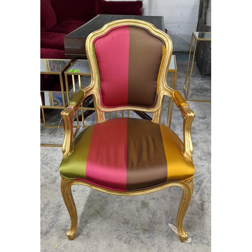 428 - FAUTEUIL, 62cm W x 100cm H, gilt with striped fabric upholstery.