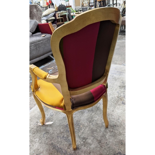 428 - FAUTEUIL, 62cm W x 100cm H, gilt with striped fabric upholstery.