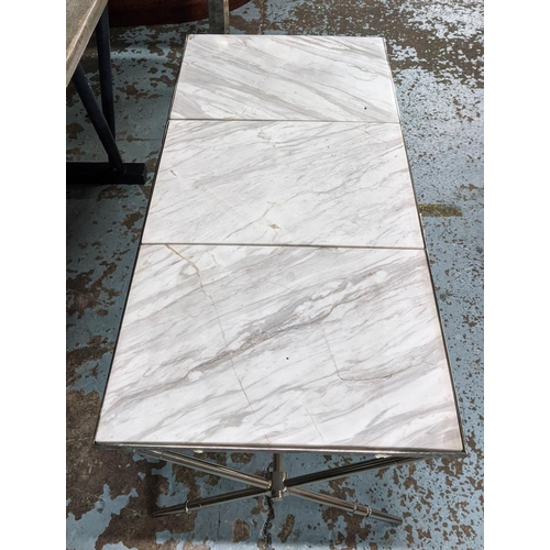 432 - COCKTAIL TABLE, 107cm x 51cm x 38.5cm, three panel marble top, polished metal base.