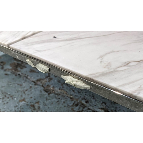 432 - COCKTAIL TABLE, 107cm x 51cm x 38.5cm, three panel marble top, polished metal base.