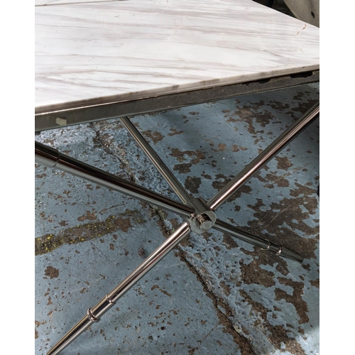 432 - COCKTAIL TABLE, 107cm x 51cm x 38.5cm, three panel marble top, polished metal base.