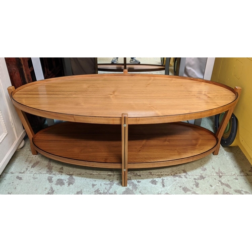 450 - LOW TABLE, 136cm W x 50cm H x 66cm D two tier oval walnut.