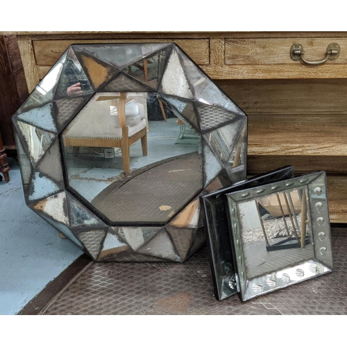 457 - WALL MIRRORS, a pair, and one other, antiqued plate, 88cm diam at largest. (3)