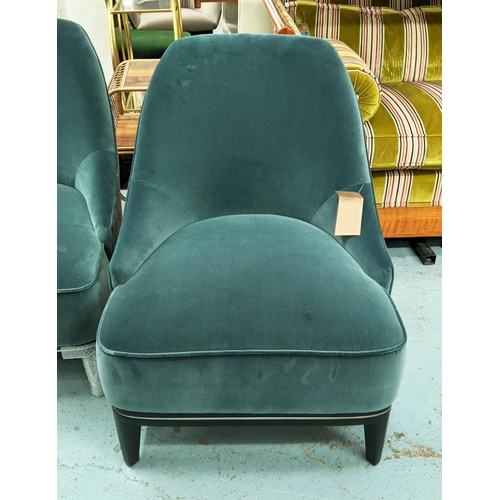 471 - ARMCHAIRS, a pair dark green velvet with grey, 65cm x 75cm x 85cm, fabric and piping detail. (2)