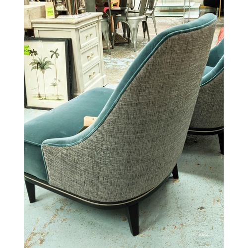 471 - ARMCHAIRS, a pair dark green velvet with grey, 65cm x 75cm x 85cm, fabric and piping detail. (2)