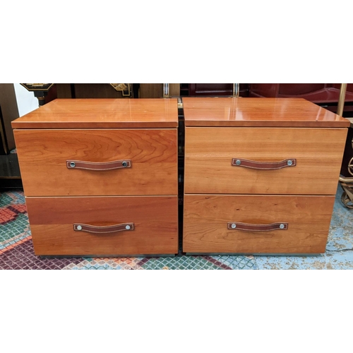 474 - SIDE CHESTS, a pair, 50cm x 42cm x 50cm each with two drawers, leather handles. (2)