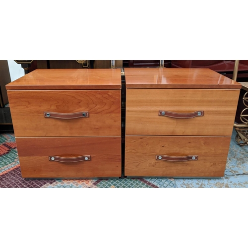 474 - SIDE CHESTS, a pair, 50cm x 42cm x 50cm each with two drawers, leather handles. (2)