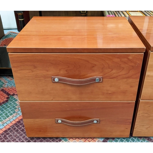 474 - SIDE CHESTS, a pair, 50cm x 42cm x 50cm each with two drawers, leather handles. (2)