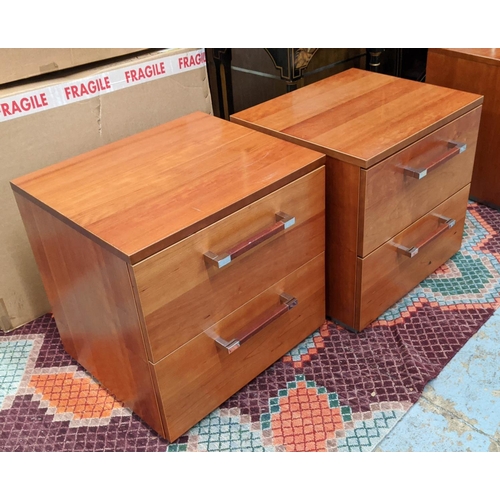 475 - SIDE CHESTS, a pair, 50cm x 42cm x 50cm each with two drawers, polished metal and leathered handles.... 