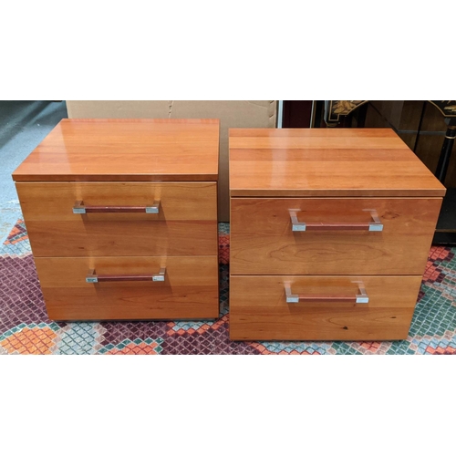 475 - SIDE CHESTS, a pair, 50cm x 42cm x 50cm each with two drawers, polished metal and leathered handles.... 