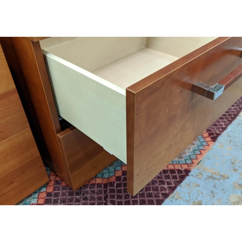 475 - SIDE CHESTS, a pair, 50cm x 42cm x 50cm each with two drawers, polished metal and leathered handles.... 