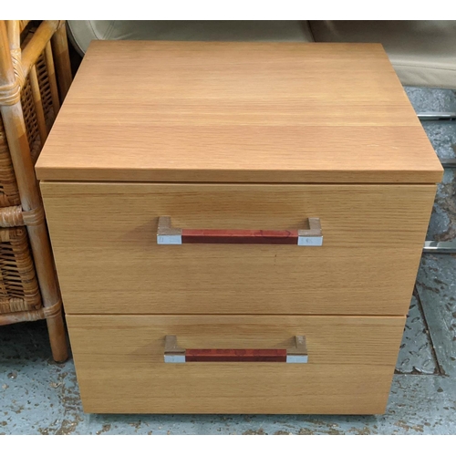 479 - SIDE CHEST, 50cm x 42cm x 50cm, two drawer with polished metal and leathered handles.