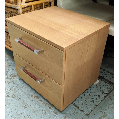 479 - SIDE CHEST, 50cm x 42cm x 50cm, two drawer with polished metal and leathered handles.