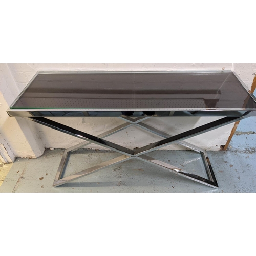 482 - CONSOLE TABLE, 125cm x 40cm x 75cm frame base, leathered top, with later added glass top.