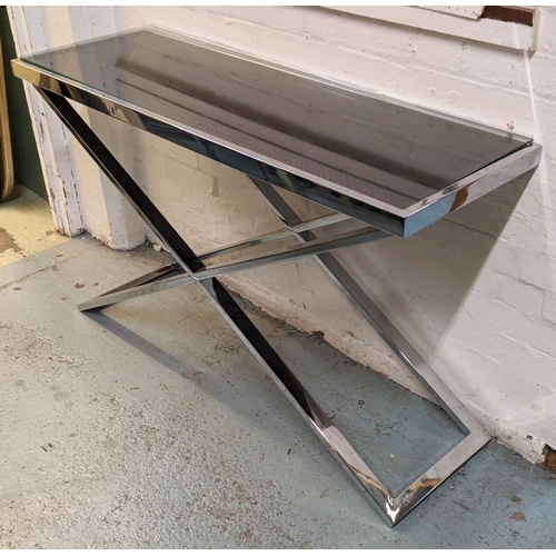 482 - CONSOLE TABLE, 125cm x 40cm x 75cm frame base, leathered top, with later added glass top.