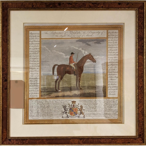 33 - EQUESTRIAN PRINTS, a set of four, 18th century style portraits of gentry owned race horses in burr w... 