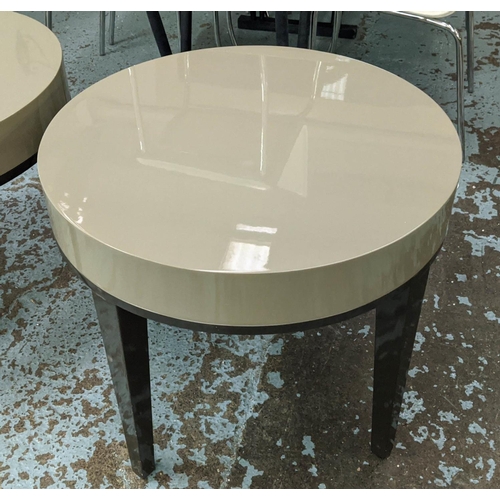 345 - SIDE TABLES, a pair, 70cm diam x 61cm H, contemporary lacquered design. (2)