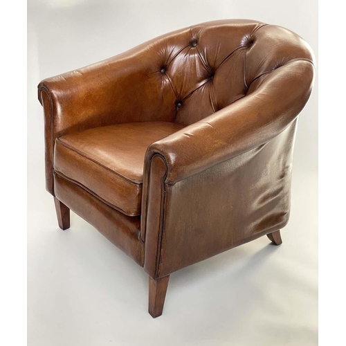 103 - LIBRARY ARMCHAIR, deep buttoned mid brown leather upholstered with rounded back and square tapering ... 