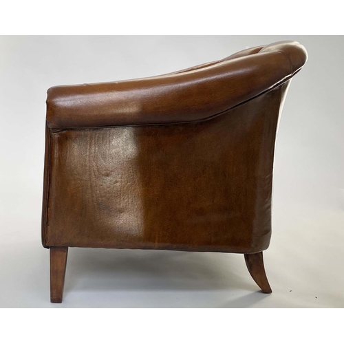 103 - LIBRARY ARMCHAIR, deep buttoned mid brown leather upholstered with rounded back and square tapering ... 