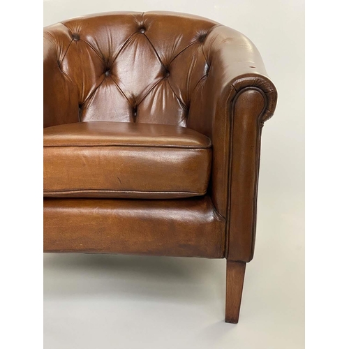 103 - LIBRARY ARMCHAIR, deep buttoned mid brown leather upholstered with rounded back and square tapering ... 