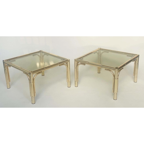 104 - LAMP TABLES, a pair gilt metal faux bamboo with glazed tops, 63cm W x 63cm D x 41cm H.