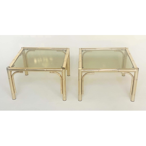 104 - LAMP TABLES, a pair gilt metal faux bamboo with glazed tops, 63cm W x 63cm D x 41cm H.